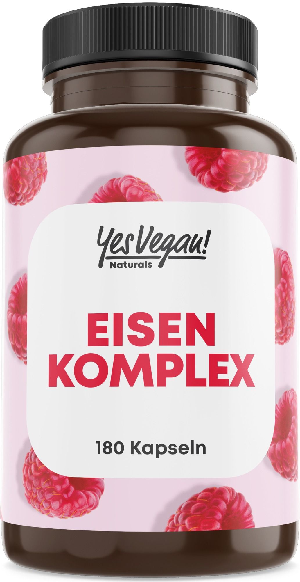Braune Dose mit rotem Etikett, darauf "EISEN KOMPLEX" und "180 Kapseln". Himbeermuster.