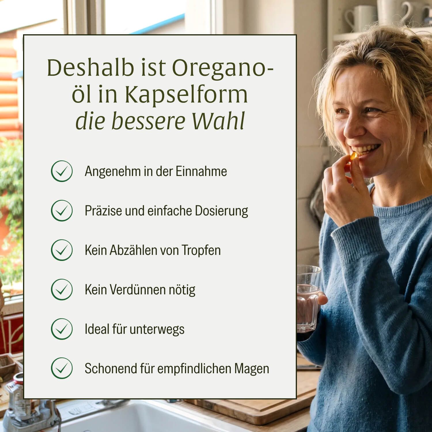 Frau nimmt NATURTREU Oregano ritual Kapsel ein, mit Text über Vorteile der Kapselform.