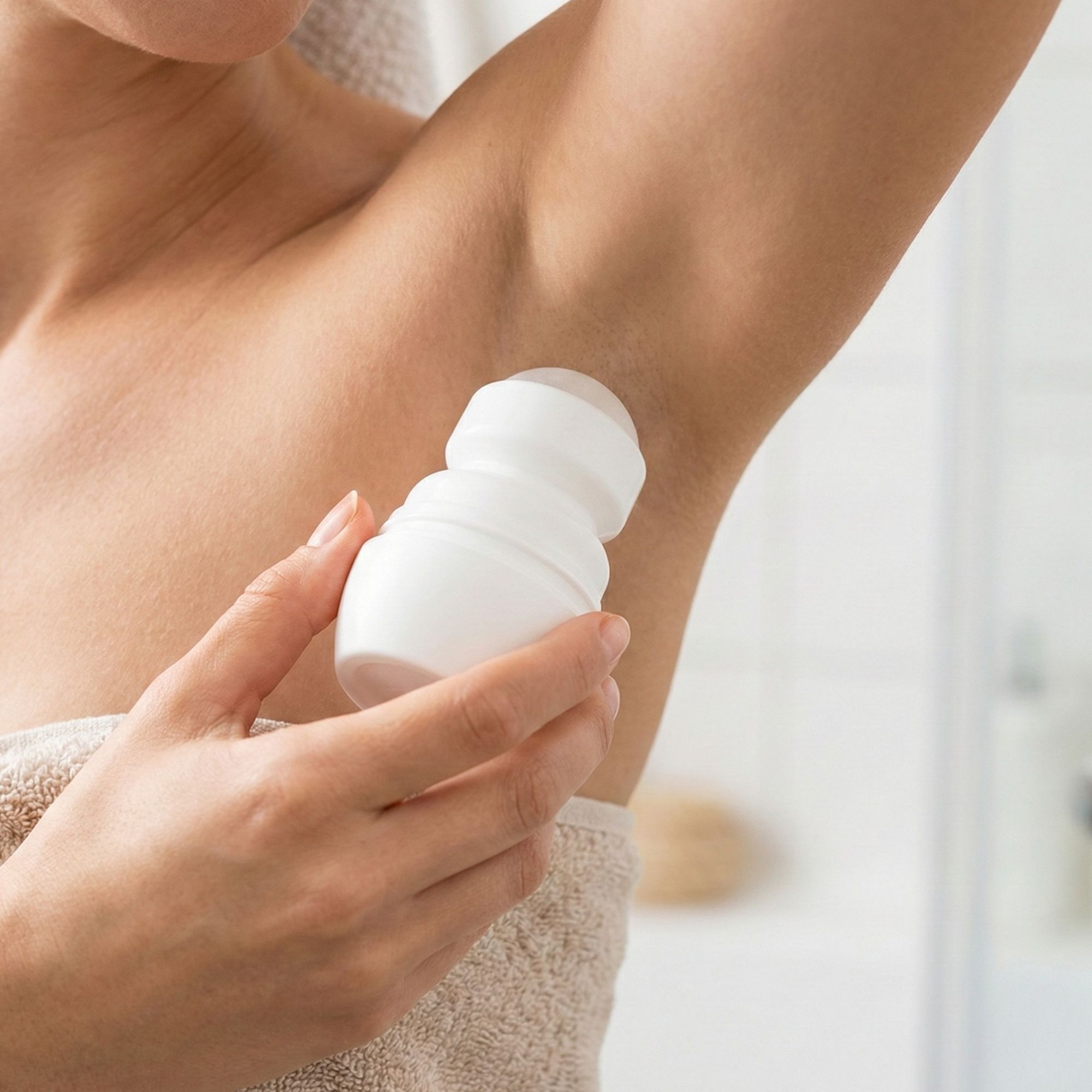 Person hält weißes Roll-On-Deo unter dem Arm. Handtuch im Hintergrund.