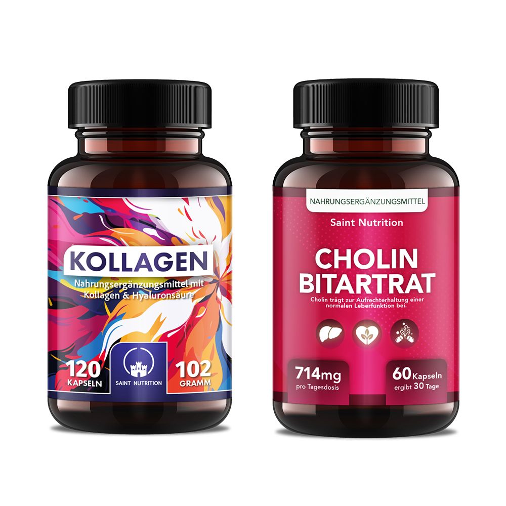 Zwei Flaschen Nahrungsergänzungsmittel. Links: Kollagen, 120 Kapseln. Rechts: Cholin Bitartrat, 60 Kapseln. Beide mit Saint Nutrition Logo.