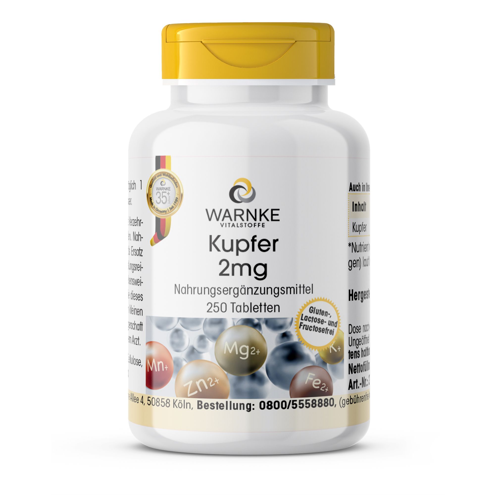 Weiße Flasche mit gelbem Deckel. Aufschrift: Warnke Vitalstoffe Kupfer 2mg, 250 Tabletten. Nahrungsergänzungsmittel. Mit Mineralien-Grafik.