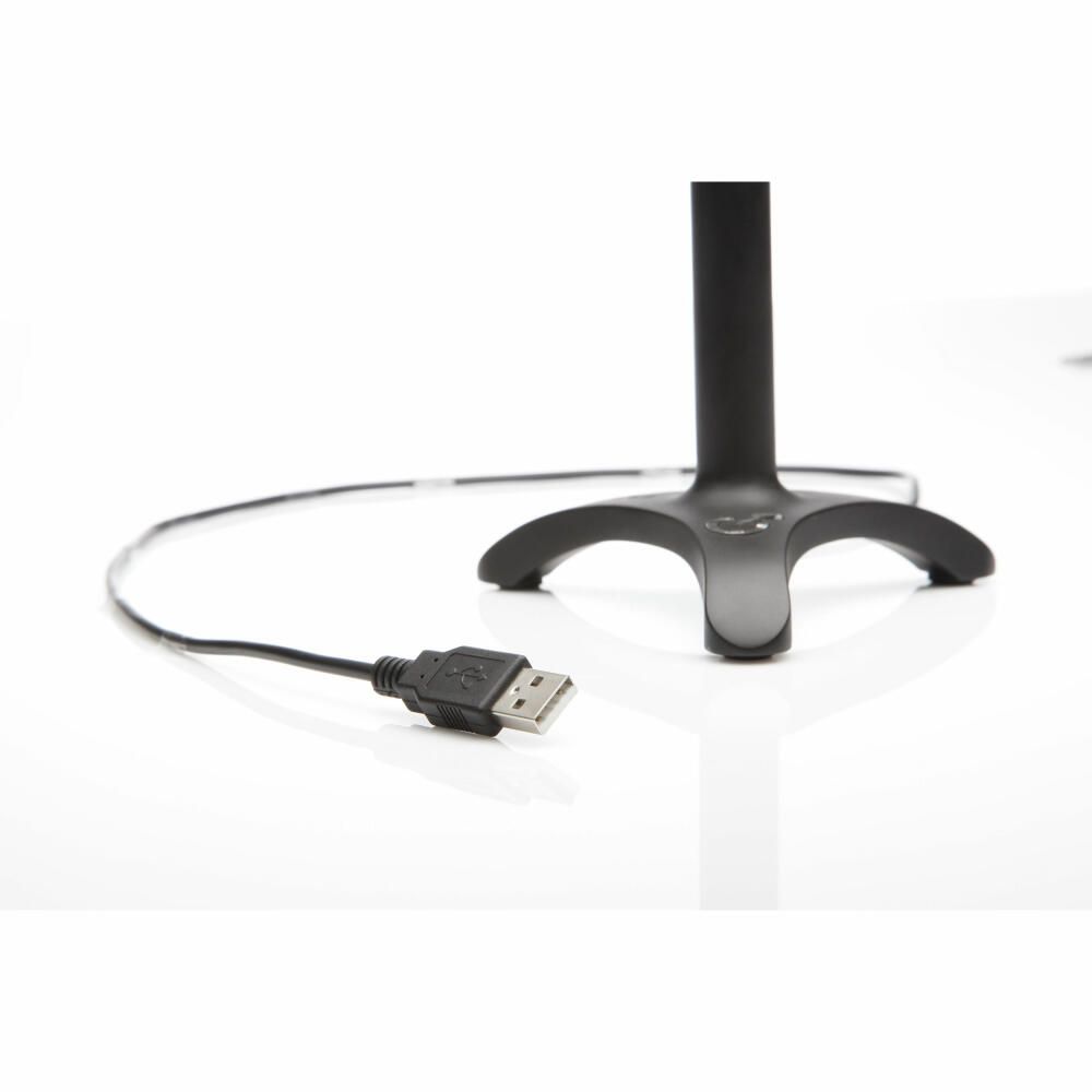 Ein schwarzer Ständer mit USB-Kabel. Der Ständer hat drei Beine und ein grünes Logo.