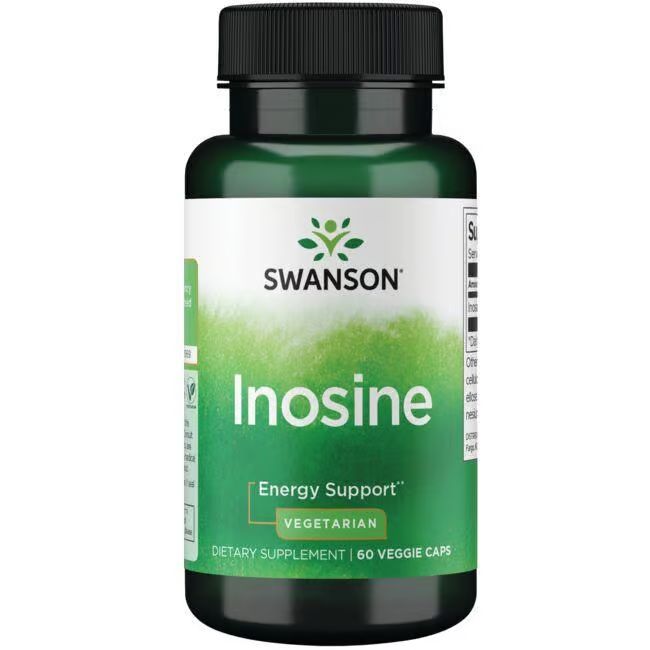 Grüne Flasche mit schwarzem Deckel. Etikett mit "SWANSON Inosine", "Energy Support" und "Vegetarian". 60 Kapseln.