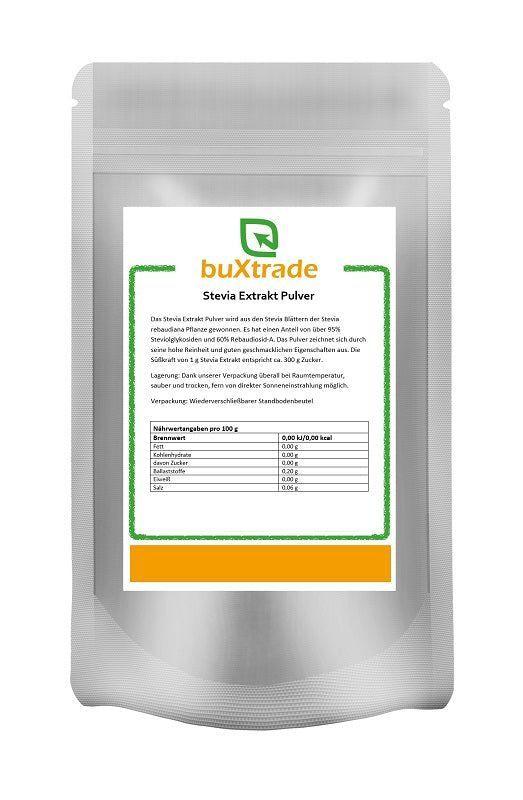 Beutel mit weißem Hintergrund. Aufdruck: buXtrade Stevia Extrakt Pulver. Grüne und orangefarbene Elemente. Nährwertangaben.