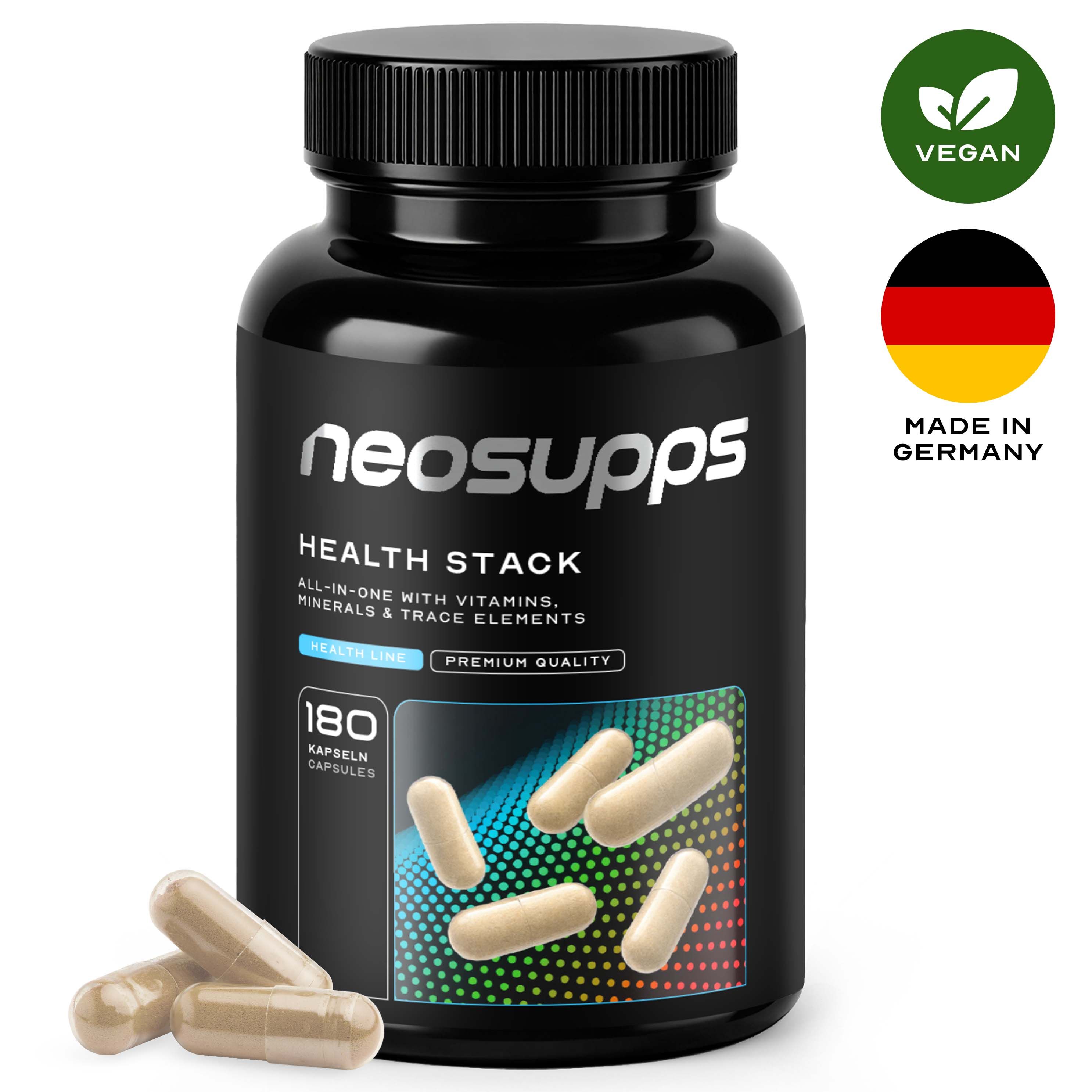Schwarze Dose mit Neosupps Health Stack Multivitamin Kapseln. Enthält Vegan- und Made in Germany Siegel.