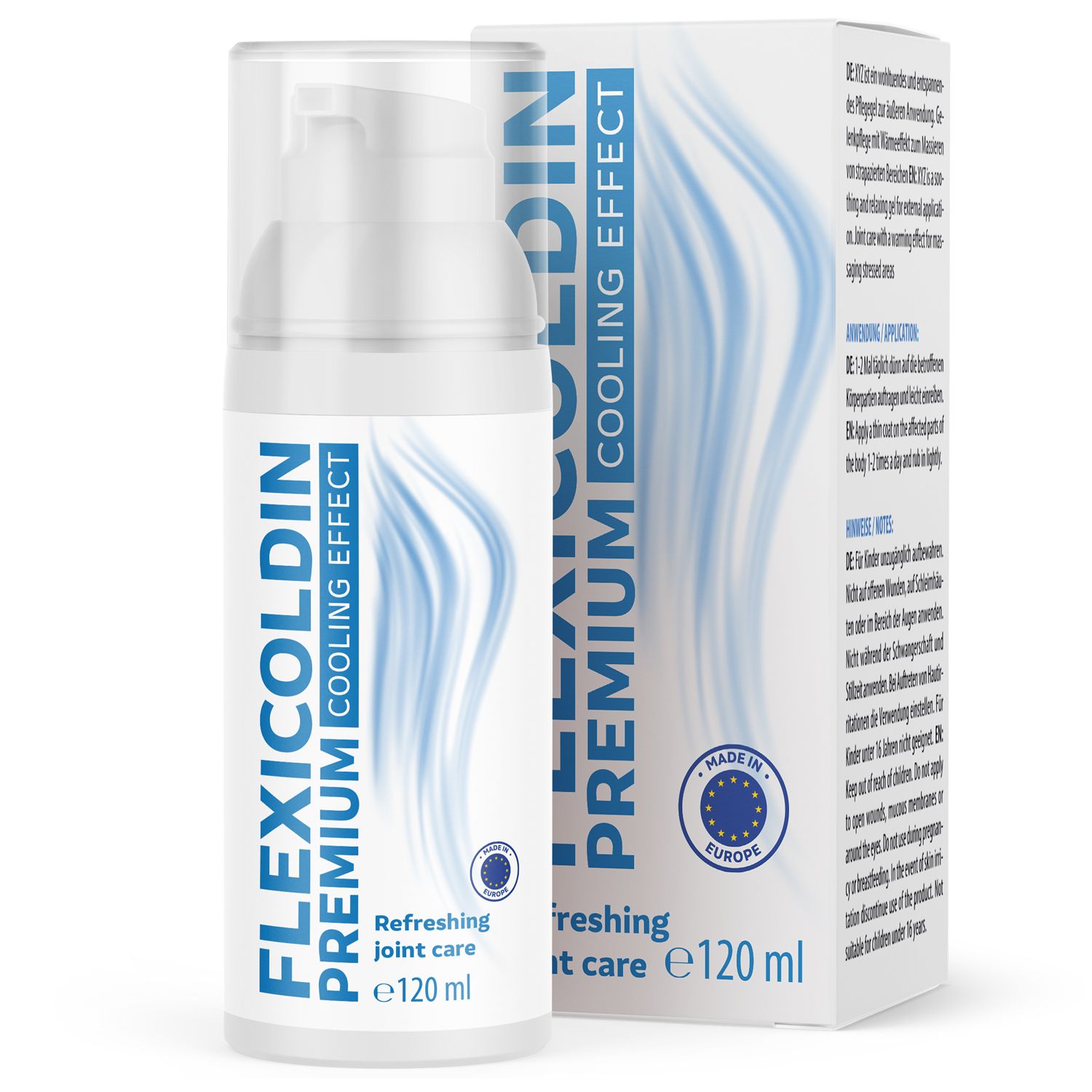 Flexicoldin Premium Cooling Effect Gel-Flasche und -Verpackung. Weißes Fläschchen mit blauem Etikett, daneben Karton mit Text.