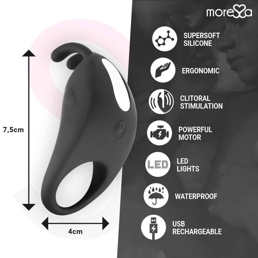 Schwarzer Ring mit Maßen 7,5 x 4 cm. Icons: Silikon, ergonomisch, Stimulation, Motor, LED, wasserdicht, USB. Marke Moressa.