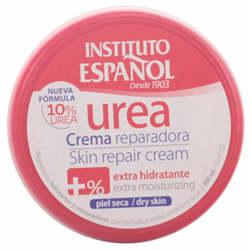 Runde Dose mit rosa Deckel. Aufschrift: Instituto Español, Urea, Creme reparadora, Skin repair cream. 10% Urea, extra hydratante.