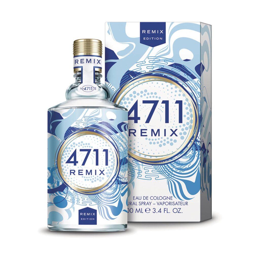 Glasflasche mit Verpackung. Aufschrift: 4711 Remix. Verpackung mit blau-weißem Muster. Goldfarbener Verschluss.
