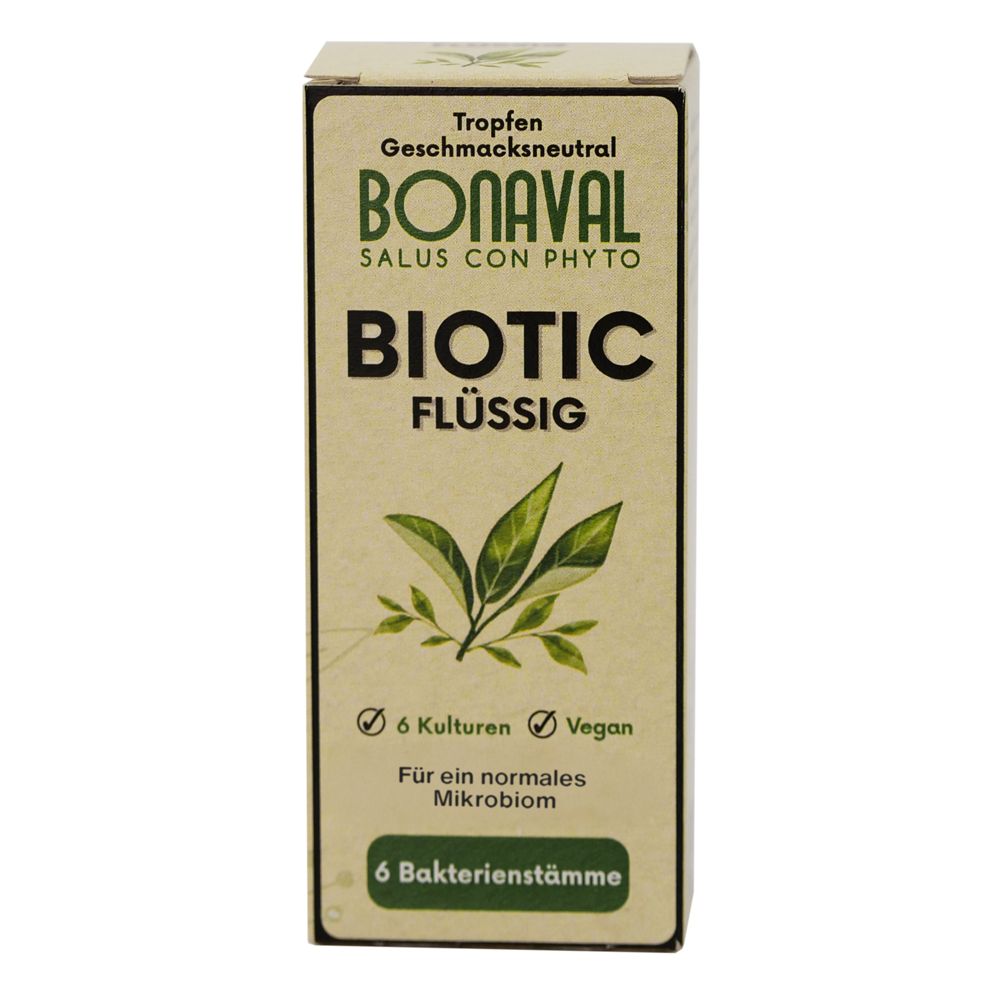 Karton mit Produktinformationen. Text: BONAVAL, BIOTIC FLÜSSIG, 6 Kulturen, Vegan, für ein normales Mikrobiom, 6 Bakterienstämme.