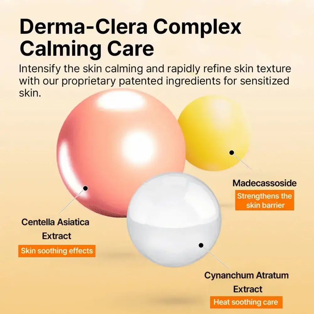 Drei farbige Kugeln mit Text. Text: Derma-Clera Complex Calming Care, Centella Asiatica Extract, Madecassoside, Cynanchum Atratum Extract.
