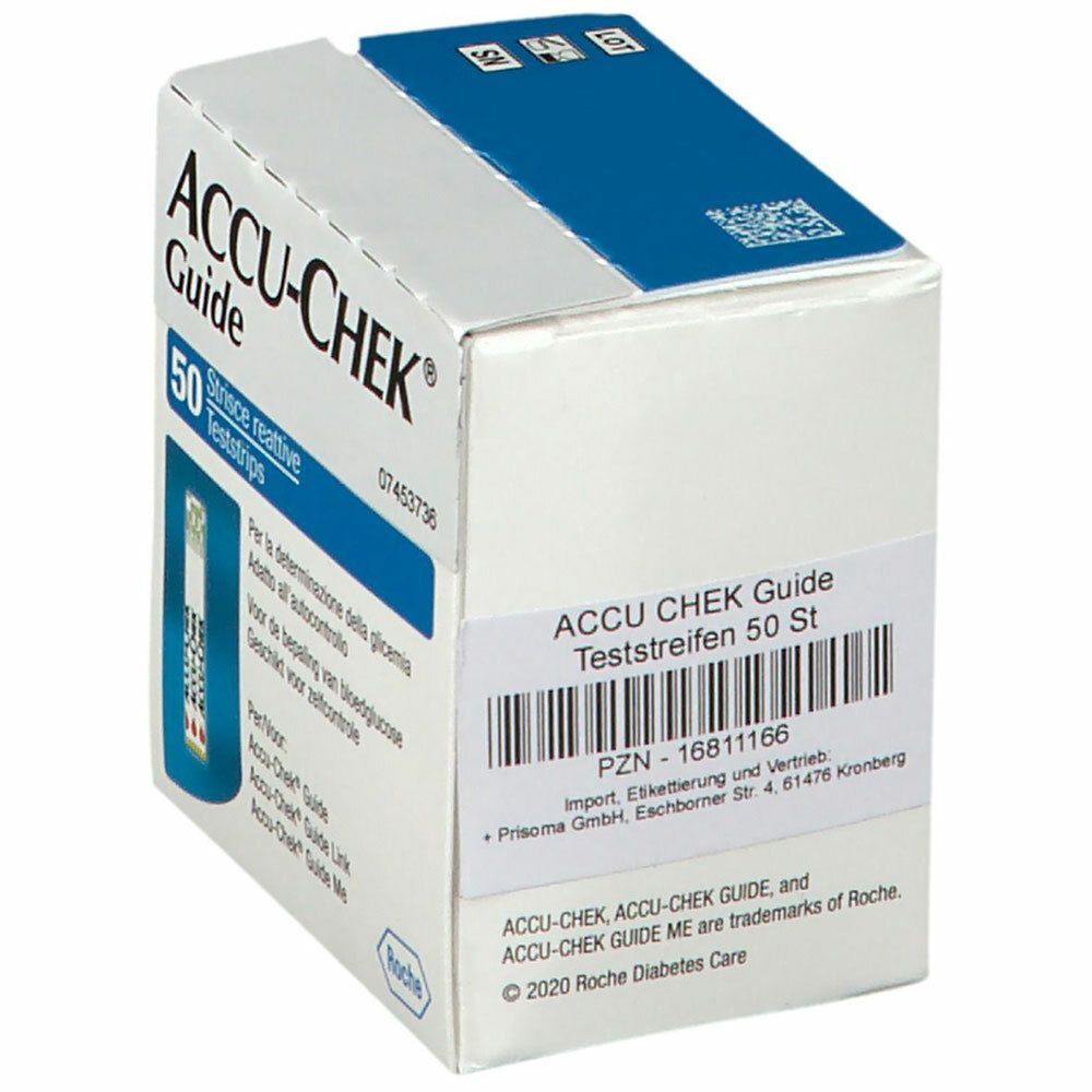 Verpackung von ACCU-CHEK Guide Teststreifen. Enthält 50 Teststreifen. Weiße und blaue Schachtel mit Produktnamen und Logo.