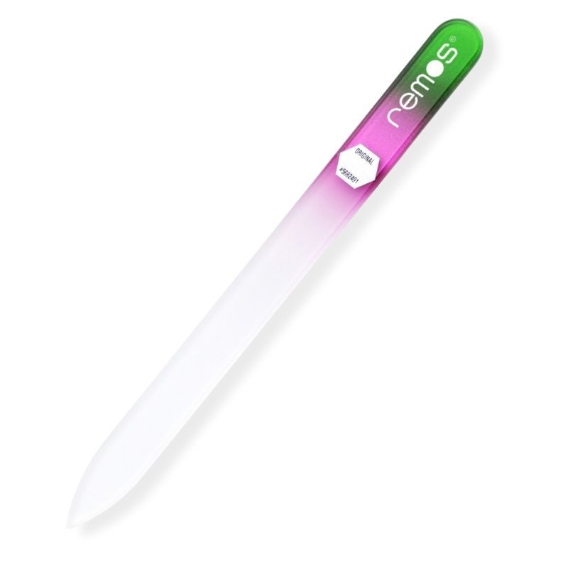 Glasnagelfeile mit grünem und pinkfarbenem Griff. Marke REMOS. Beidseitig nutzbar.