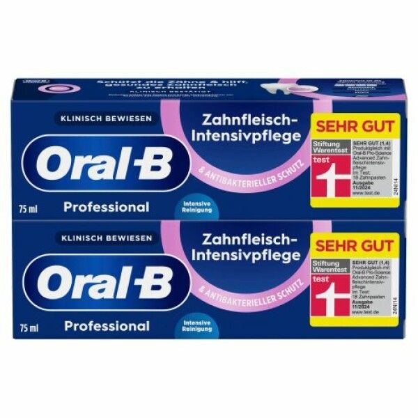 Zwei Packungen Zahncreme in einer Schachtel. Text: Oral-B Professional, Zahnfleisch-Intensivpflege, klinisch bewiesen, 75 ml.