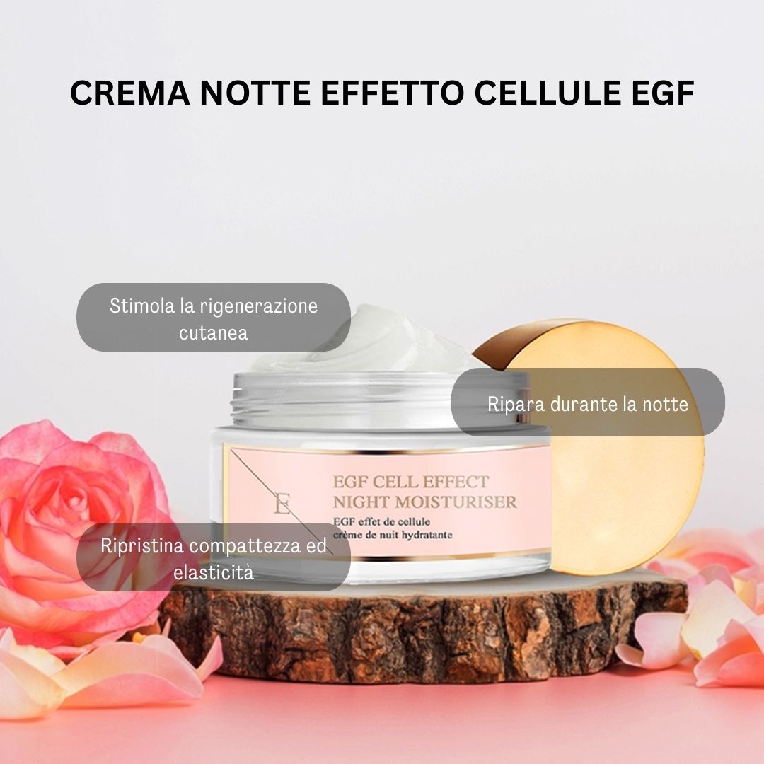 Creme-Tiegel mit goldfarbenem Deckel auf Holzscheibe, umgeben von Rosenblättern. Aufschrift: EGF Cell Effect Night Moisturiser.