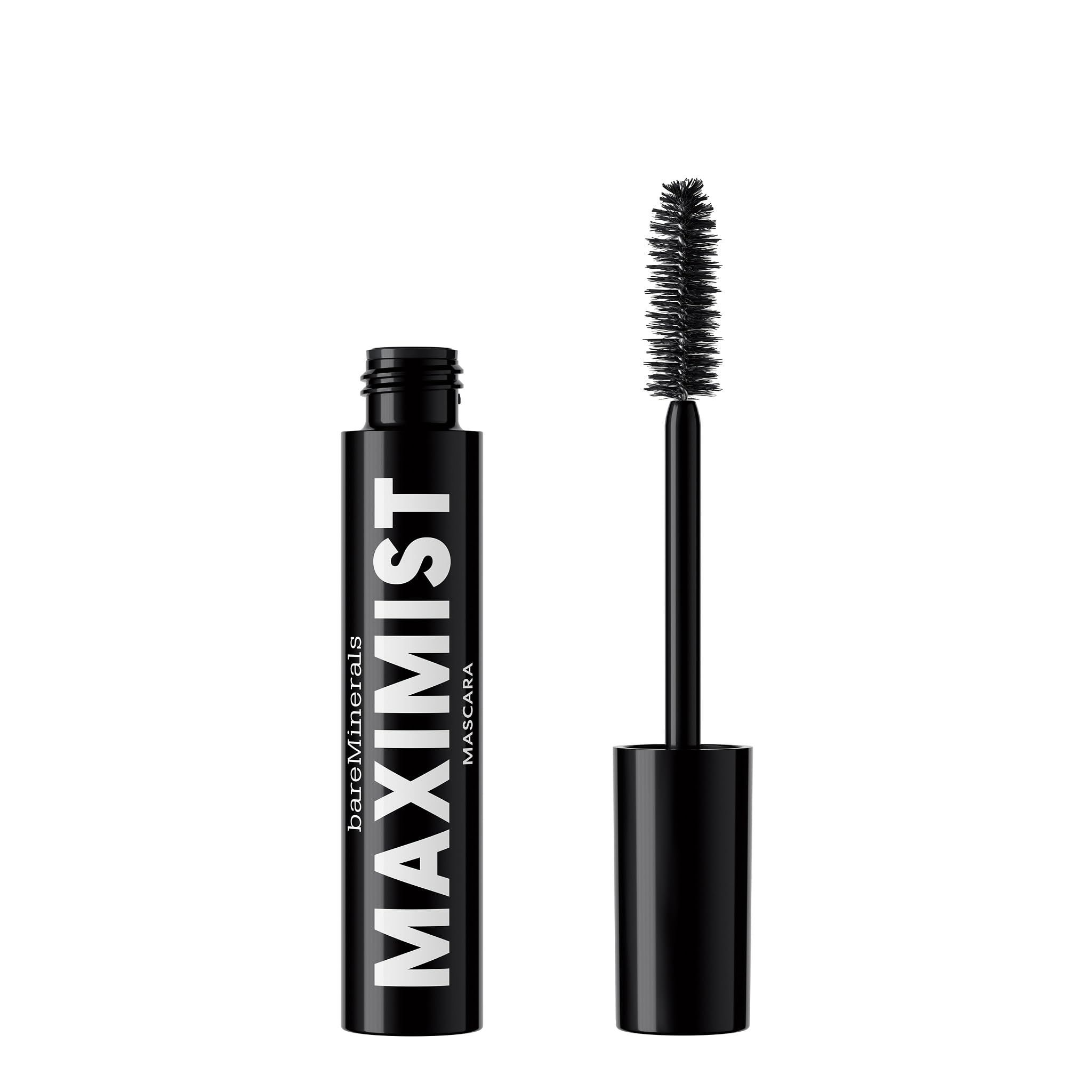 Schwarze Mascara-Tube mit weißem Schriftzug MAXIMIST. Marke BareMinerals. Bürste sichtbar.