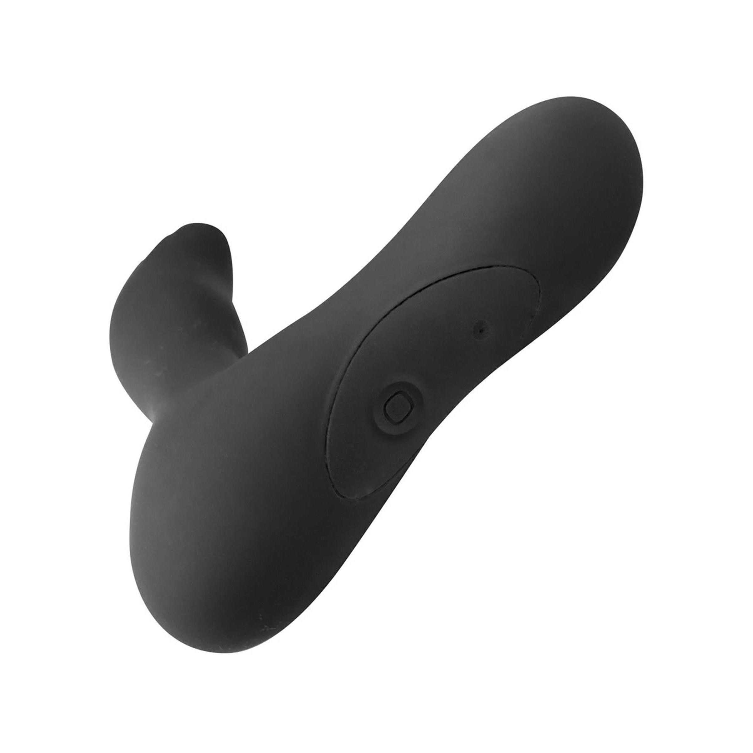 Schwarzer ANOS RC Prostate Butt Plug mit gekrümmter Form, Seitenansicht.
