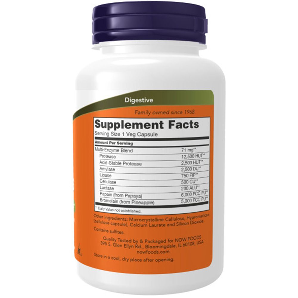Weiße Flasche mit blauem Deckel. Aufschrift: Supplement Facts. Enthält Enzyme. Orangefarbener Aufkleber mit Inhaltsstoffen. Marke: NOW FOODS.