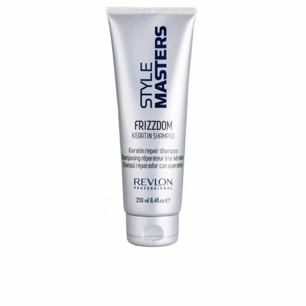 Silberne Tube mit "STYLE MASTERS FRIZZDOM KERATIN SHAMPOO". Text in Englisch, Spanisch und Französisch. Marke: Revlon Professional.