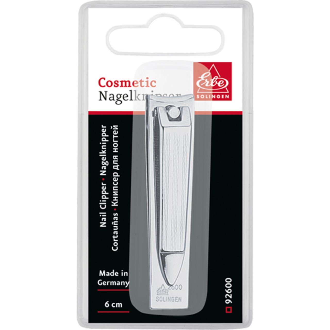 Silberner Nagelknipser aus Metall, 6 cm lang, in Blisterverpackung mit „Made in Germany“-Aufdruck.