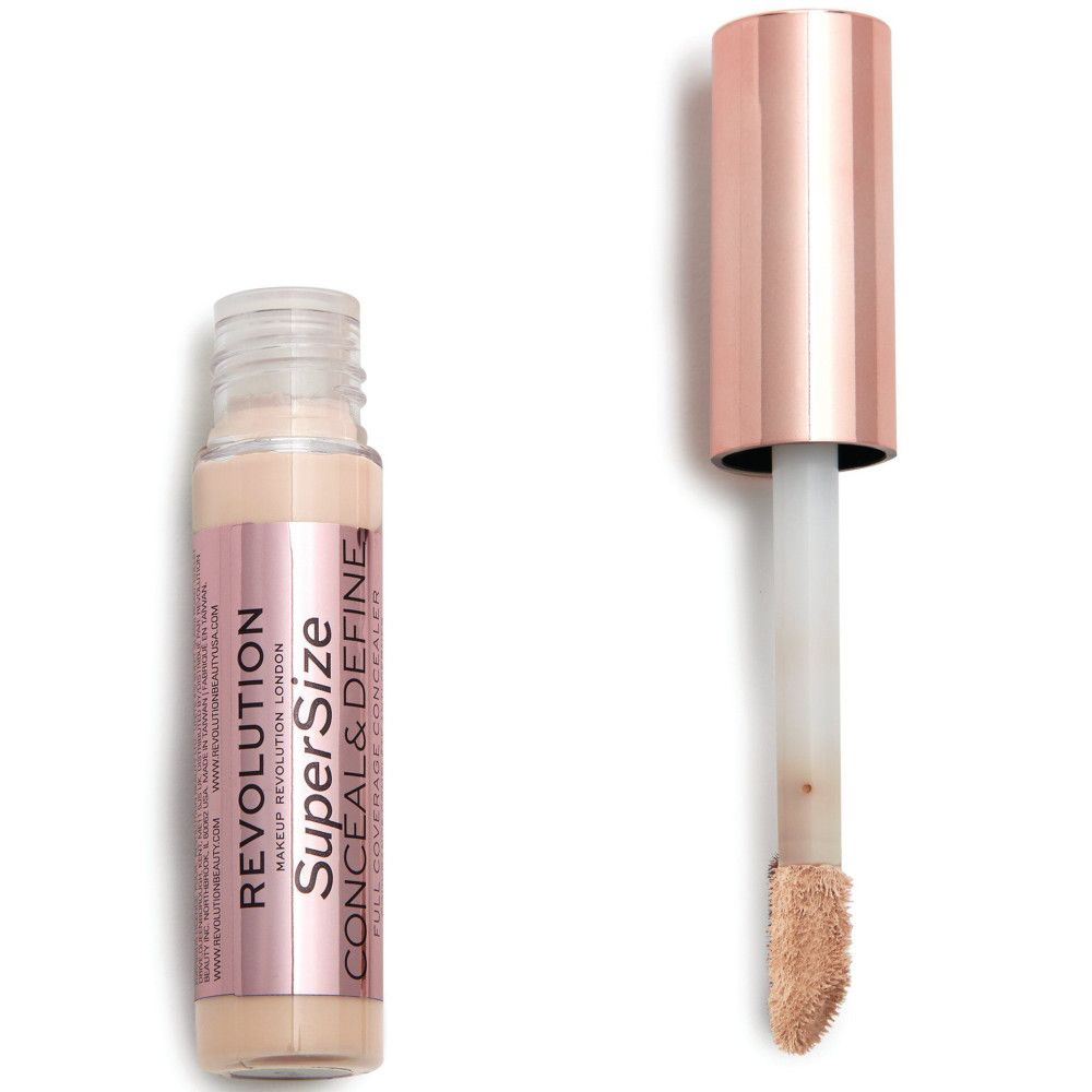 Concealer-Fläschchen und Applikator. Aufschrift: Super Size Conceal & Define. Rosegoldfarbener Deckel.