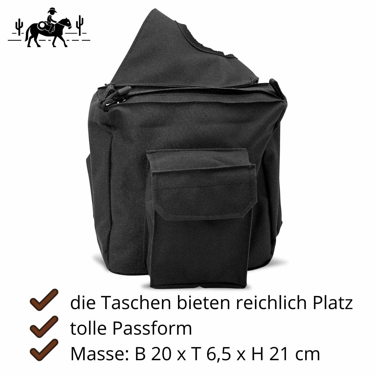 Schwarze AMKA Hornpacktasche. Rechteckige Form mit aufgesetzter Tasche. Maße: B 20 x T 6,5 x H 21 cm. Text: die Taschen bieten reichlich Platz.