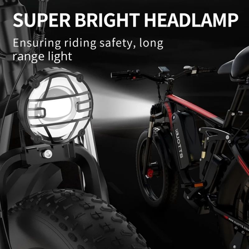 Nahaufnahme eines Fahrrads mit Scheinwerfer. Text: SUPER BRIGHT HEADLAMP.
