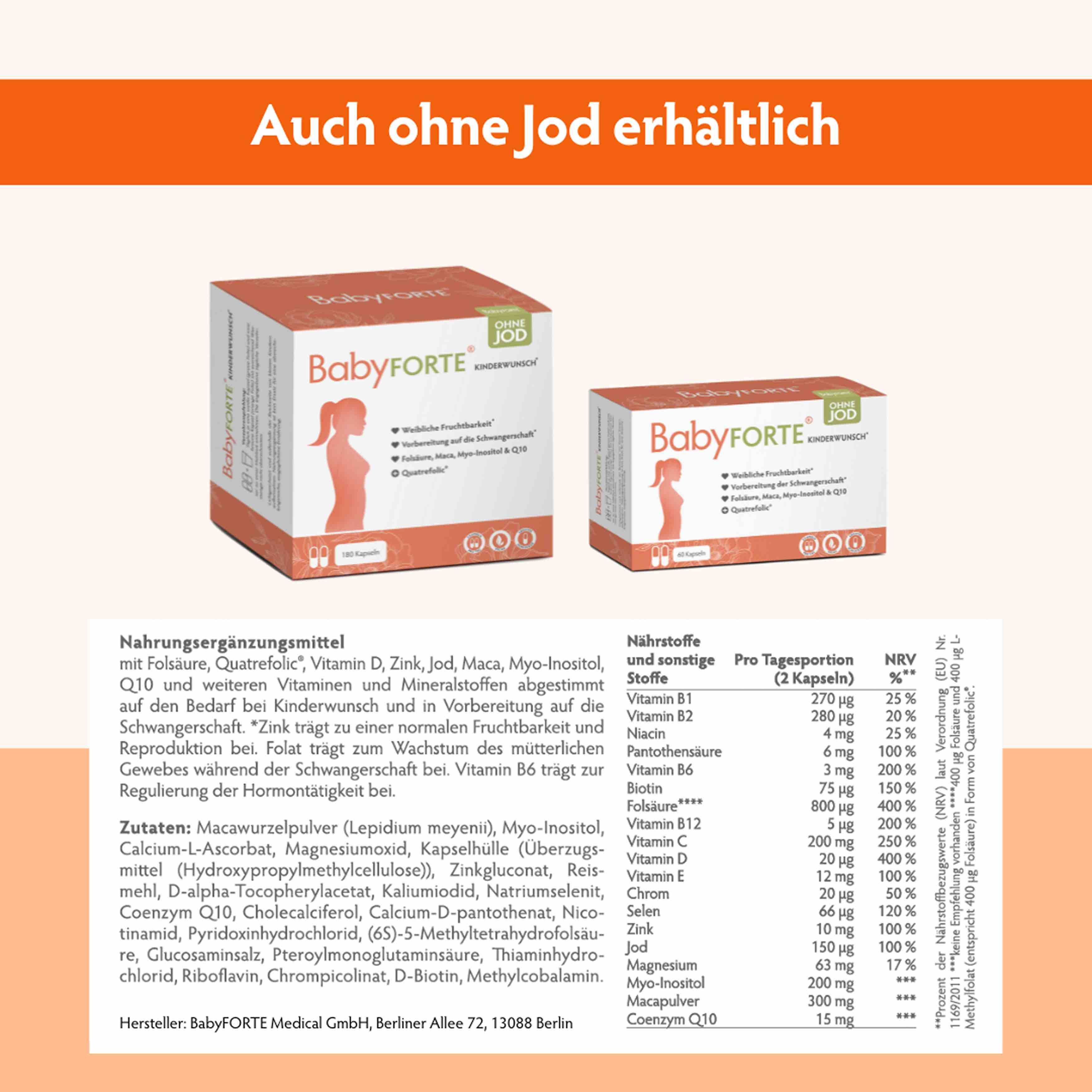 Zwei BabyFORTE-Verpackungen. Text: Auch ohne Jod erhältlich. Inhaltsstoffe und Nährwerttabelle. 100 Kapseln und 30 Kapseln.