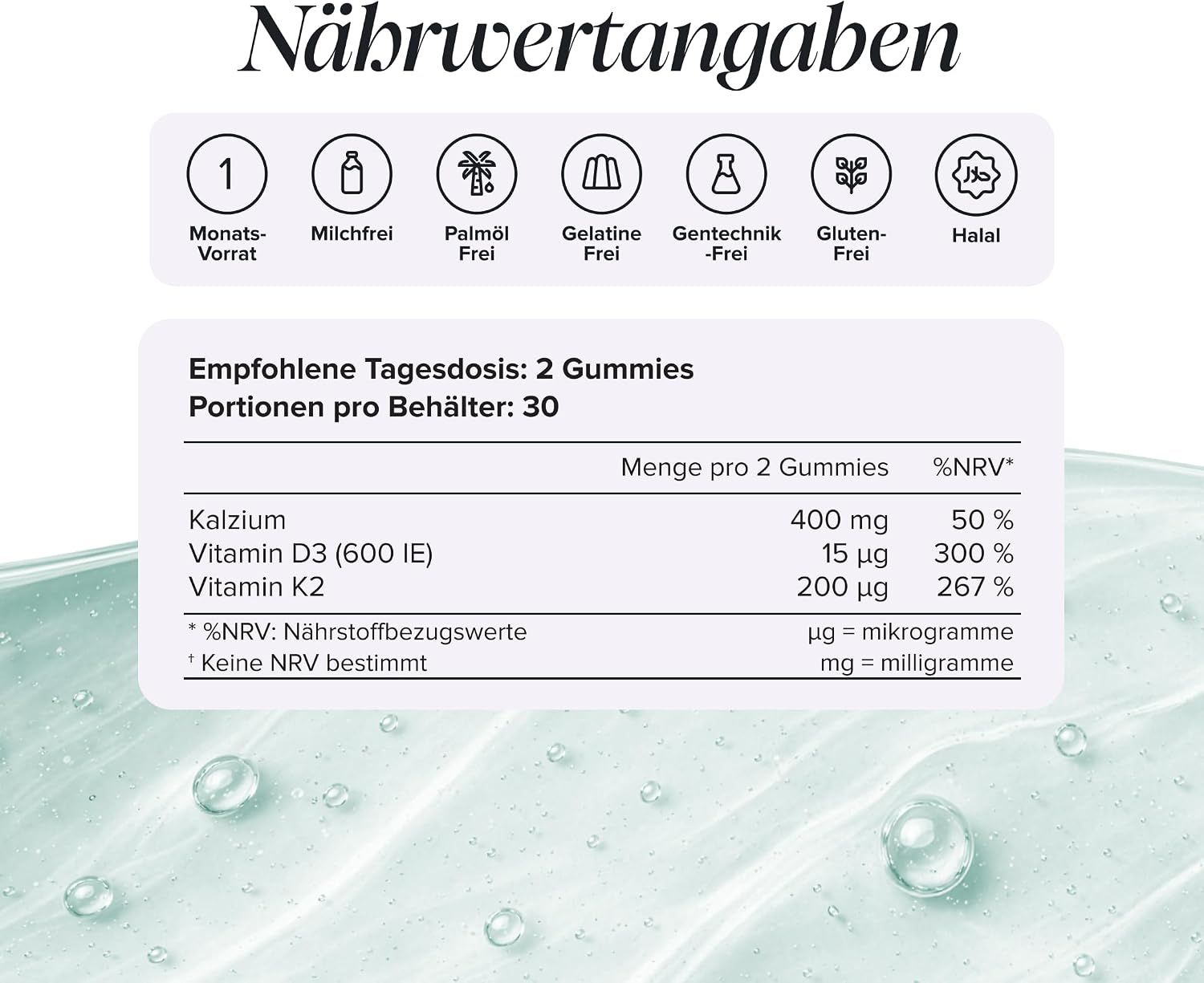 Nährwertangaben für Gummibonbons mit Kalzium, Vitamin D und K2.
