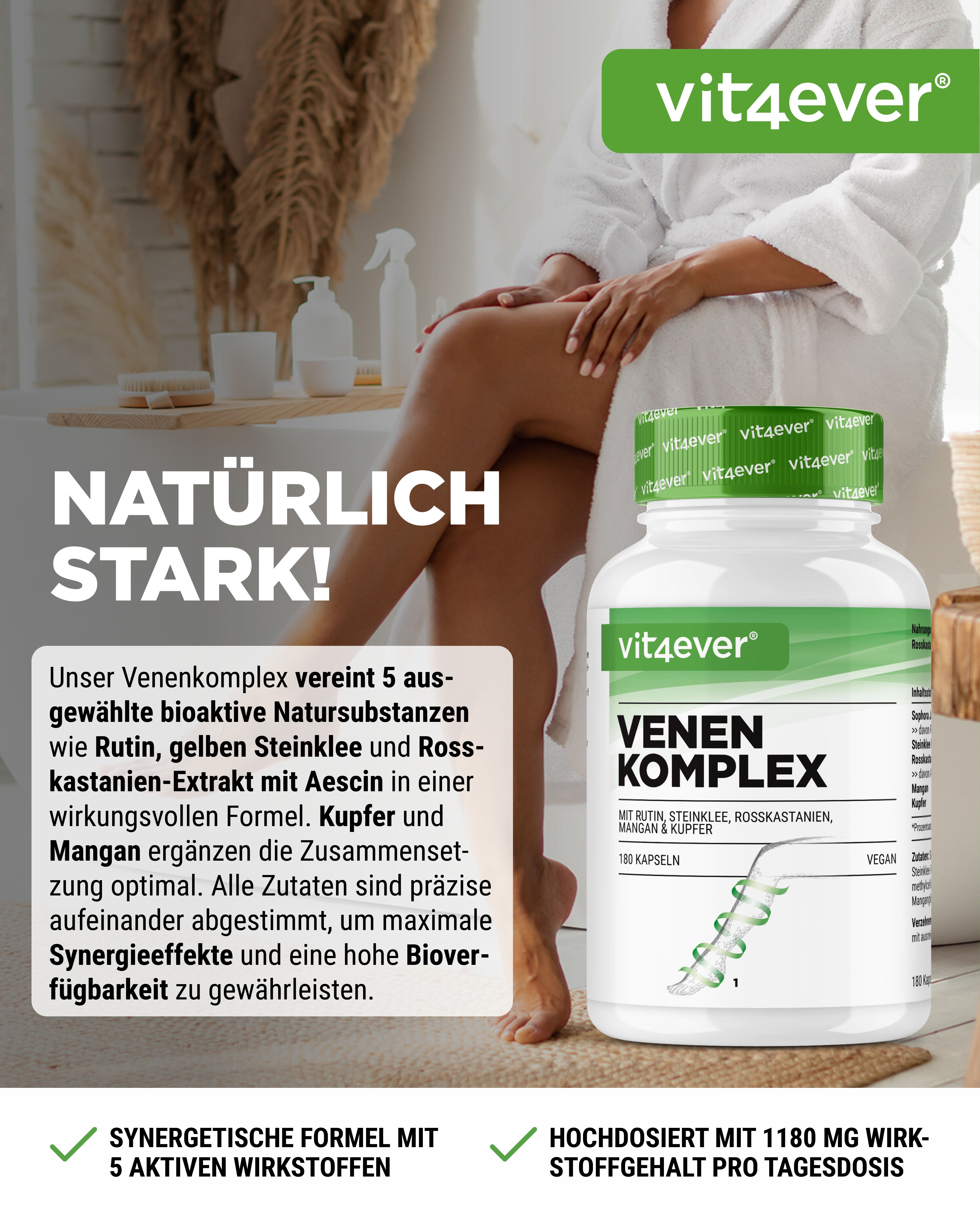 Weißes Pillenbehälter mit grünem Deckel. Aufschrift: Venen Komplex. Frau im Bademantel. Text: Natürlich stark!