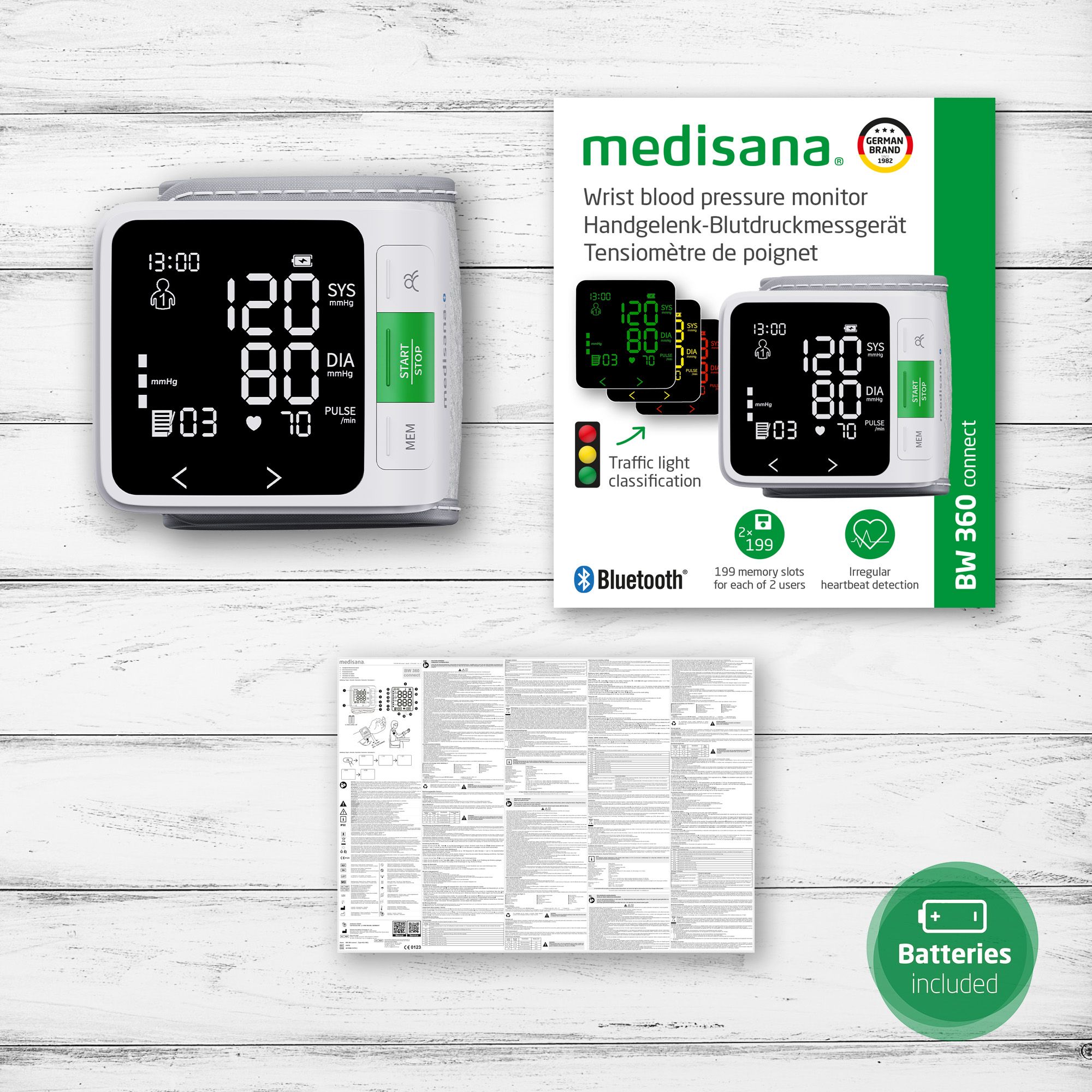 Verpackung des medisana BW 360 connect Blutdruckmessgeräts mit Anleitung und Batterien.