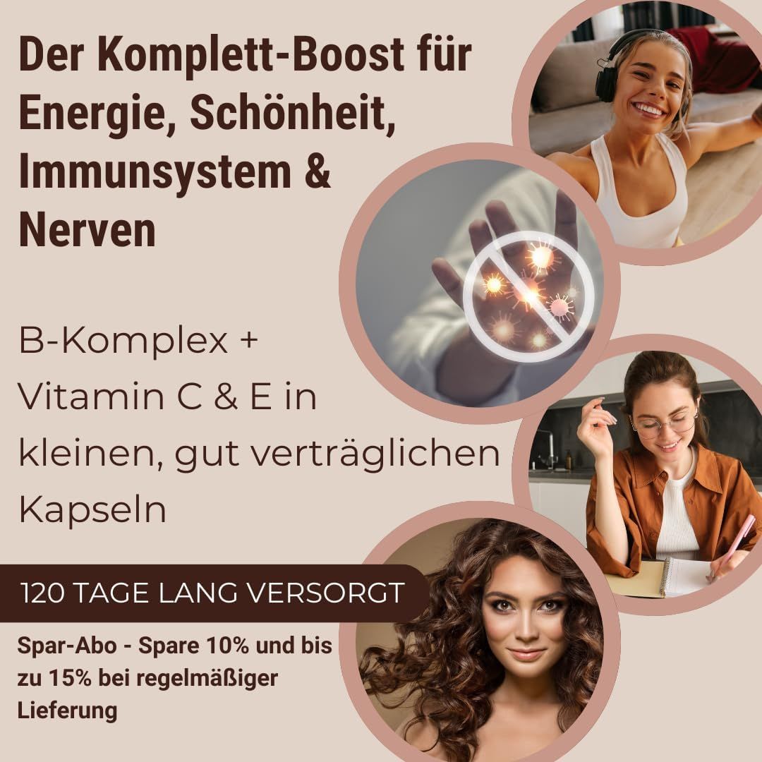 Kreisförmige Abbildung mit Text: Energie, Schönheit, Immunsystem & Nerven. B-Komplex + Vitamin C & E in kleinen Kapseln.