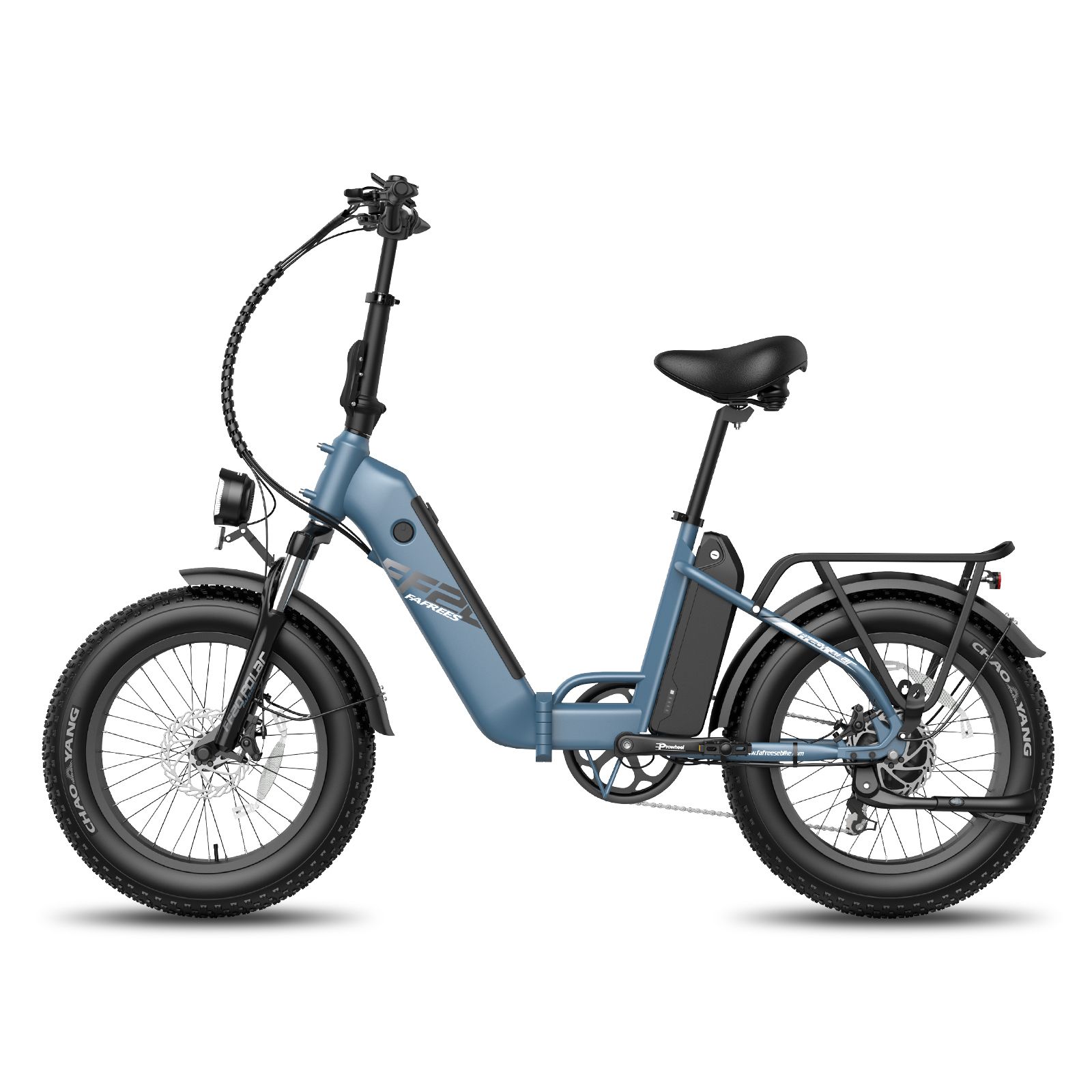Blaues, faltbares E-Bike. Schwarze Reifen, Sattel und Gepäckträger. Frontlicht. Marke Fafrees.