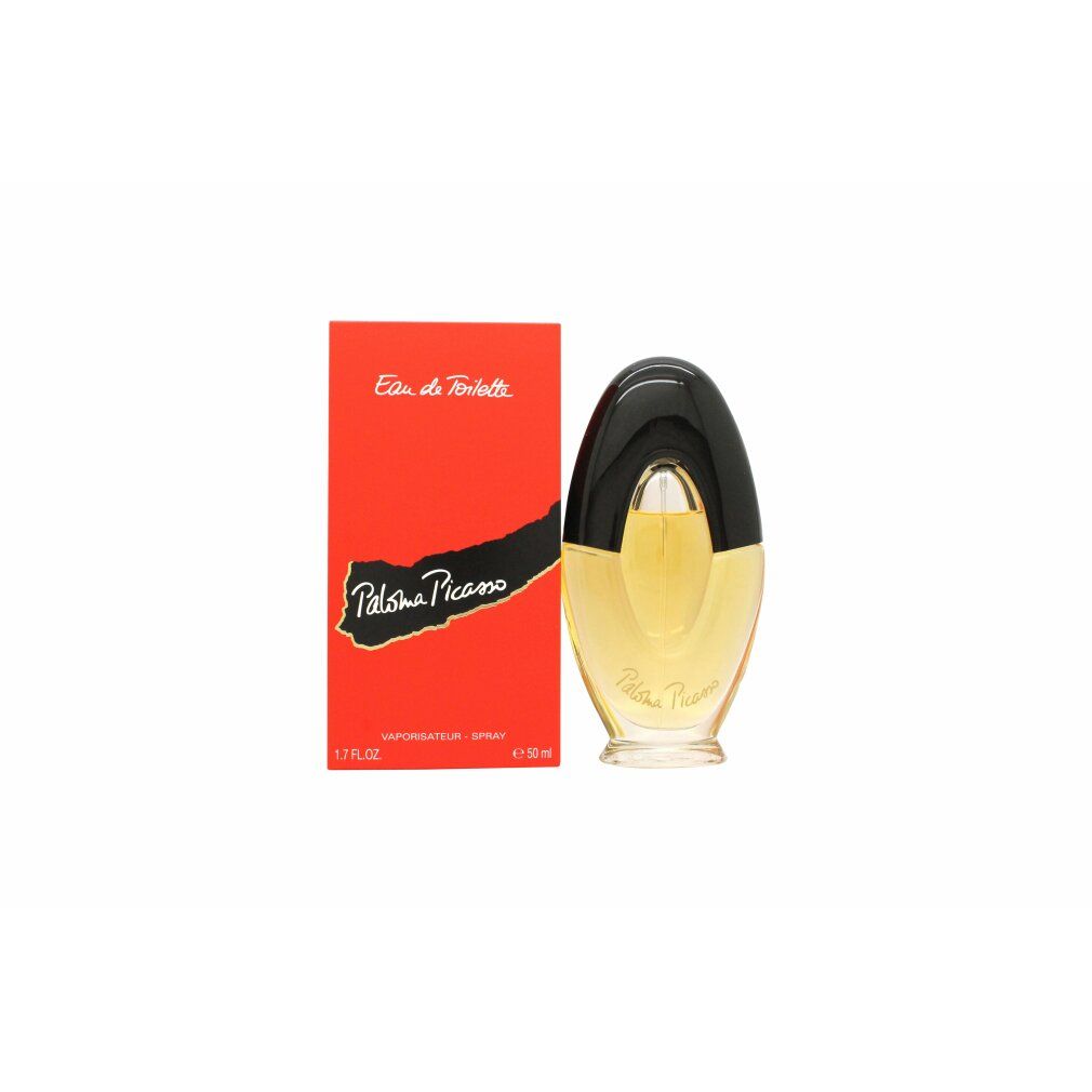 Parfümflakon und Schachtel. Flakon oval, schwarz-gelb. Schachtel rot mit Schriftzug.