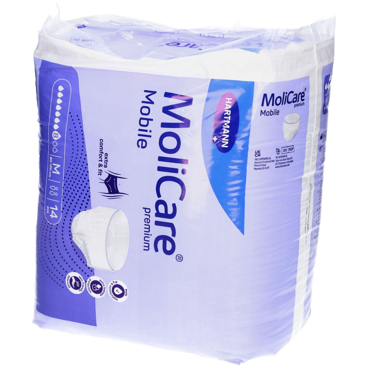 Verpackung MoliCare® premium Mobile Pants M. Enthält 14 Stück. Größe M, 80-120 cm. Marke Hartmann.