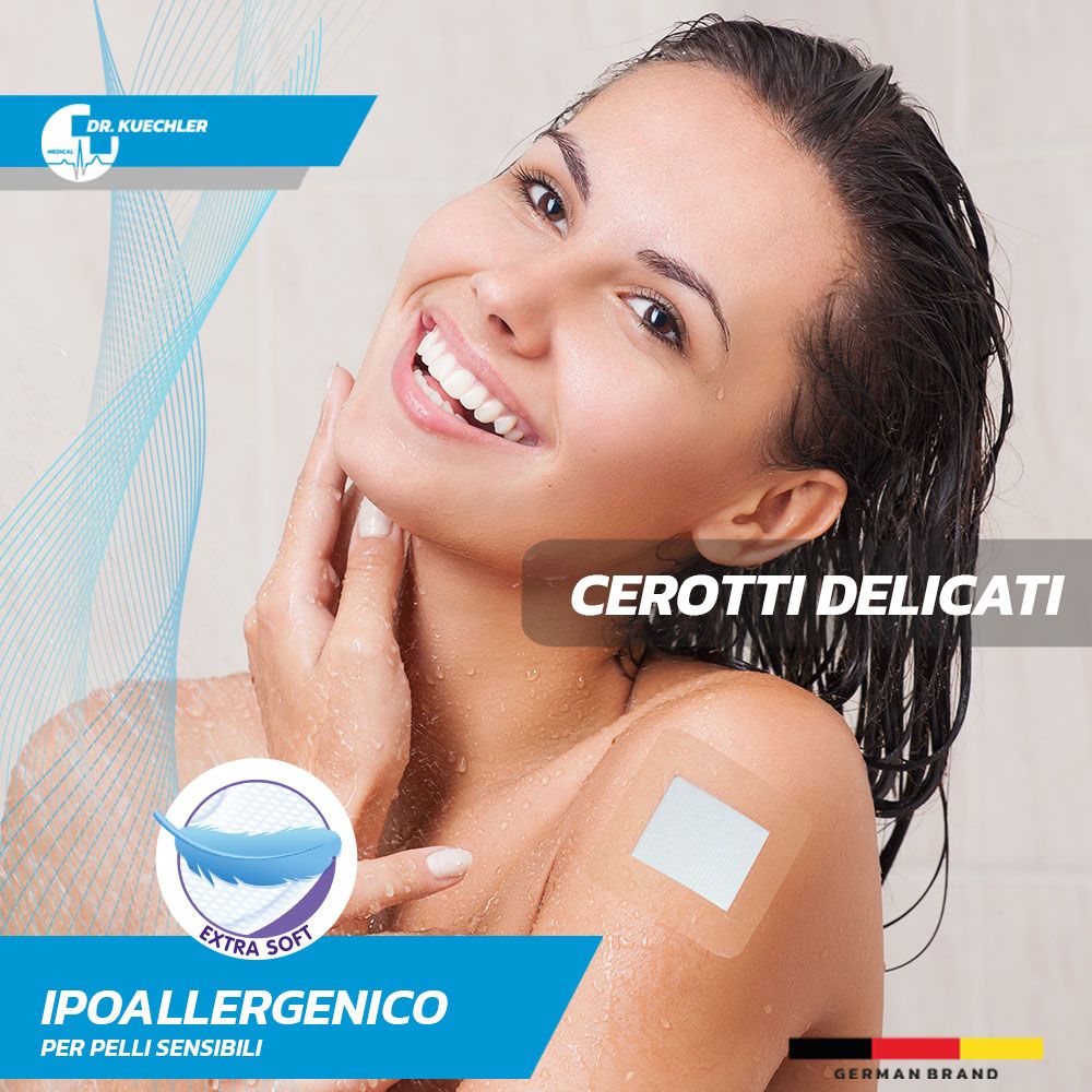 Frau mit Pflaster auf der Schulter. Text: Cerotti delicati, ipoallergenico per pelli sensibili.