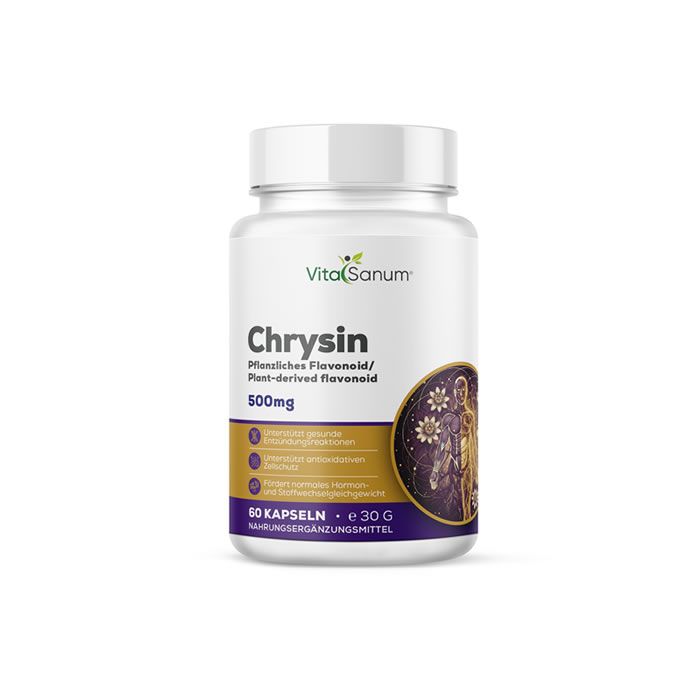 Weiße Flasche mit VitaSanum Chrysin Kapseln. Aufschrift: 500mg, 60 Kapseln. Pflanzliches Flavonoid.