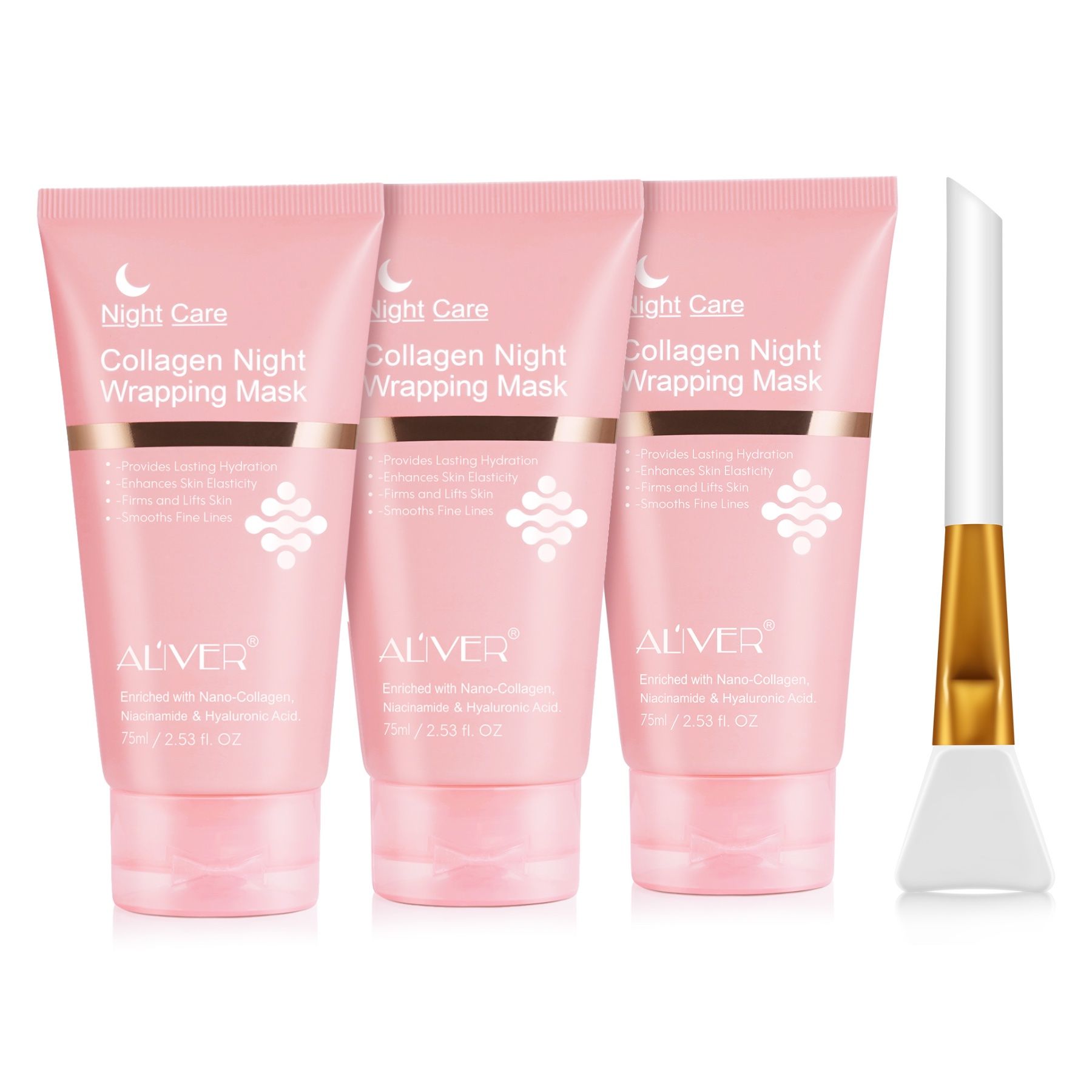 Drei rosa Tuben mit ALIVER-Logo und Text. Pinsel. Text: Collagen Night Wrapping Mask. 75ml.