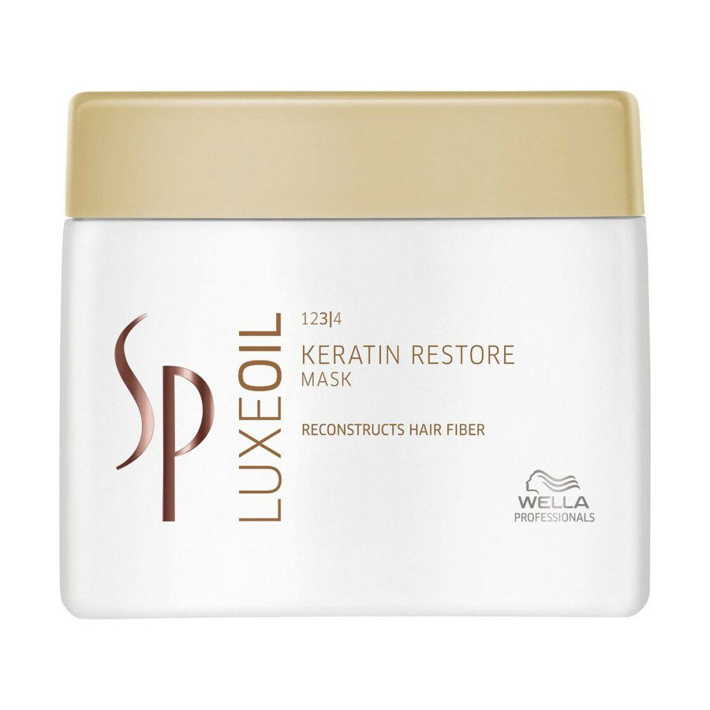 Weißer Tiegel mit goldfarbenem Deckel. Aufschrift: Keratin Restore Mask, Wella SP Luxeoil.