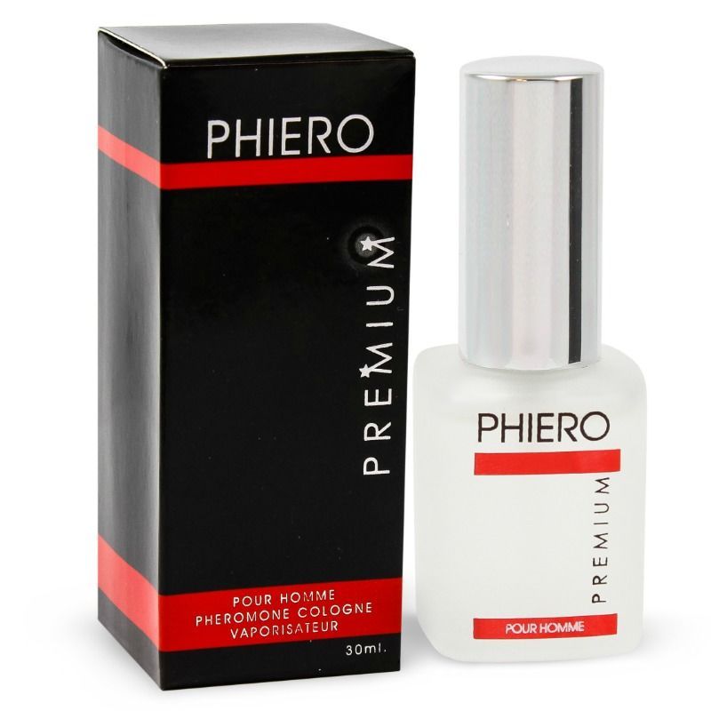 Schwarzer Karton und Flakon. Aufschrift PHIERO PREMIUM. Roter Streifen. Flakon mit silbernem Verschluss. Text: POUR HOMME, Pheromon Cologne.