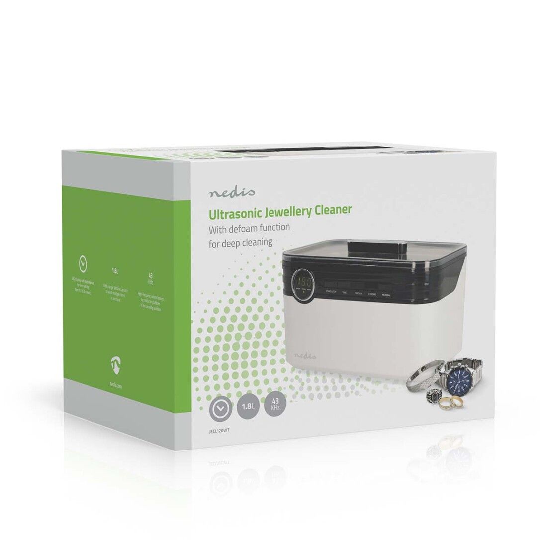 Verpackung des Ultraschall-Schmuckreinigers. Aufschrift: Nedis Ultraschall Jewellery Cleaner. Abbildung des Produkts.