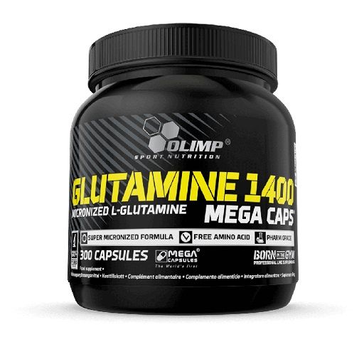 Schwarze Dose mit gelber Aufschrift. Enthält "GLUTAMINE 1400 MEGA CAPS" und "300 CAPSULES". Marke: Olimp.