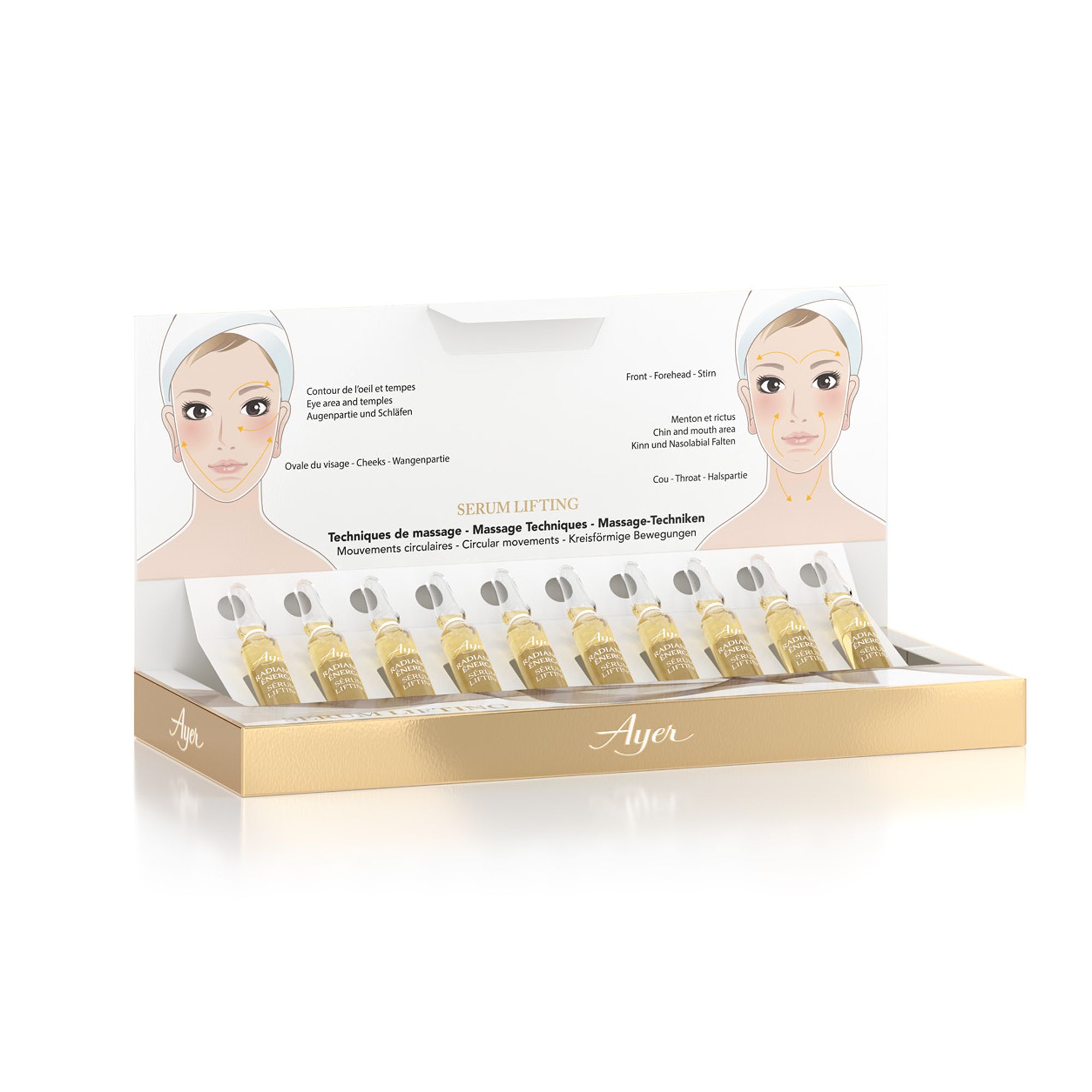 Verpackung mit Ampullen. Aufdruck: Ayer, Serum Lifting. Abbildung: Gesicht mit Massagepunkten.