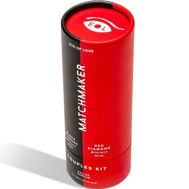 Zylindrische Verpackung, schwarz-rot geteilt, mit "MATCHMAKER"-Schriftzug. Enthält "BLACK DIAMOND" und "RED DIAMOND" Text. "COUPLES KIT" darunter. Oben Logo.