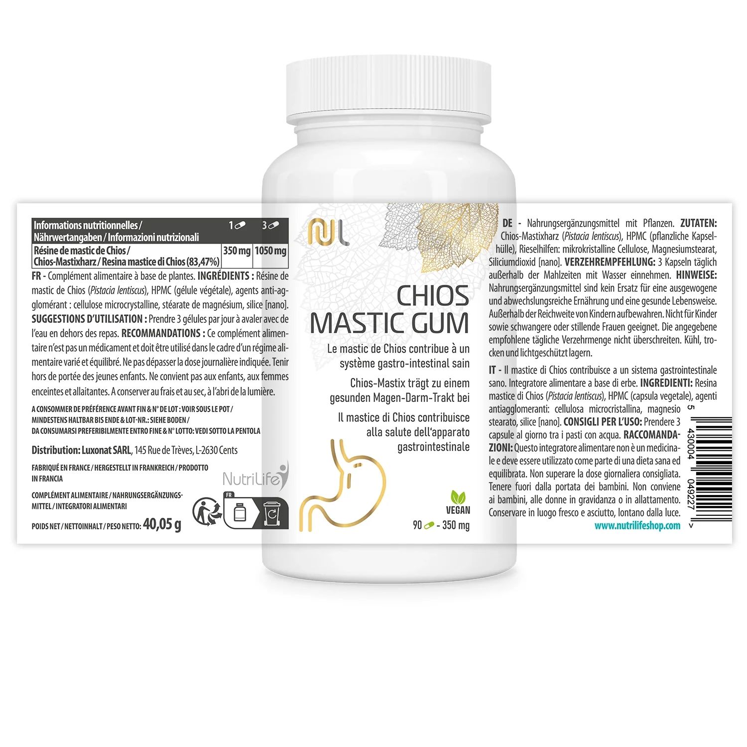 Weiße Flasche mit Etikett. Aufschrift: CHIOS MASTIC GUM. Text in Deutsch, Französisch und Italienisch. Vegan-Siegel.