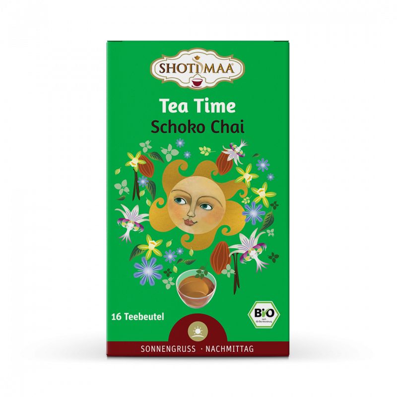 Grüne Verpackung mit Aufdruck. Oben: Logo und Schriftzug. Mitte: Sonne mit Gesicht, Blumen. Unten: 16 Teebeutel, Bio-Siegel.