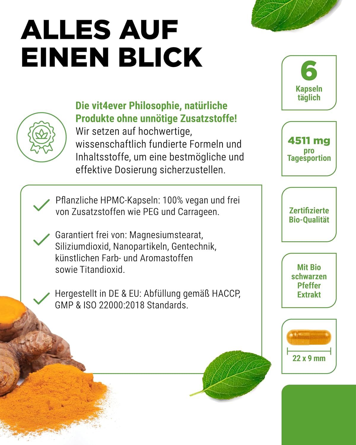 Vit4ever Bio Curcuma + Bio Piperin Dose mit Informationen zu Inhaltsstoffen und Dosierung.