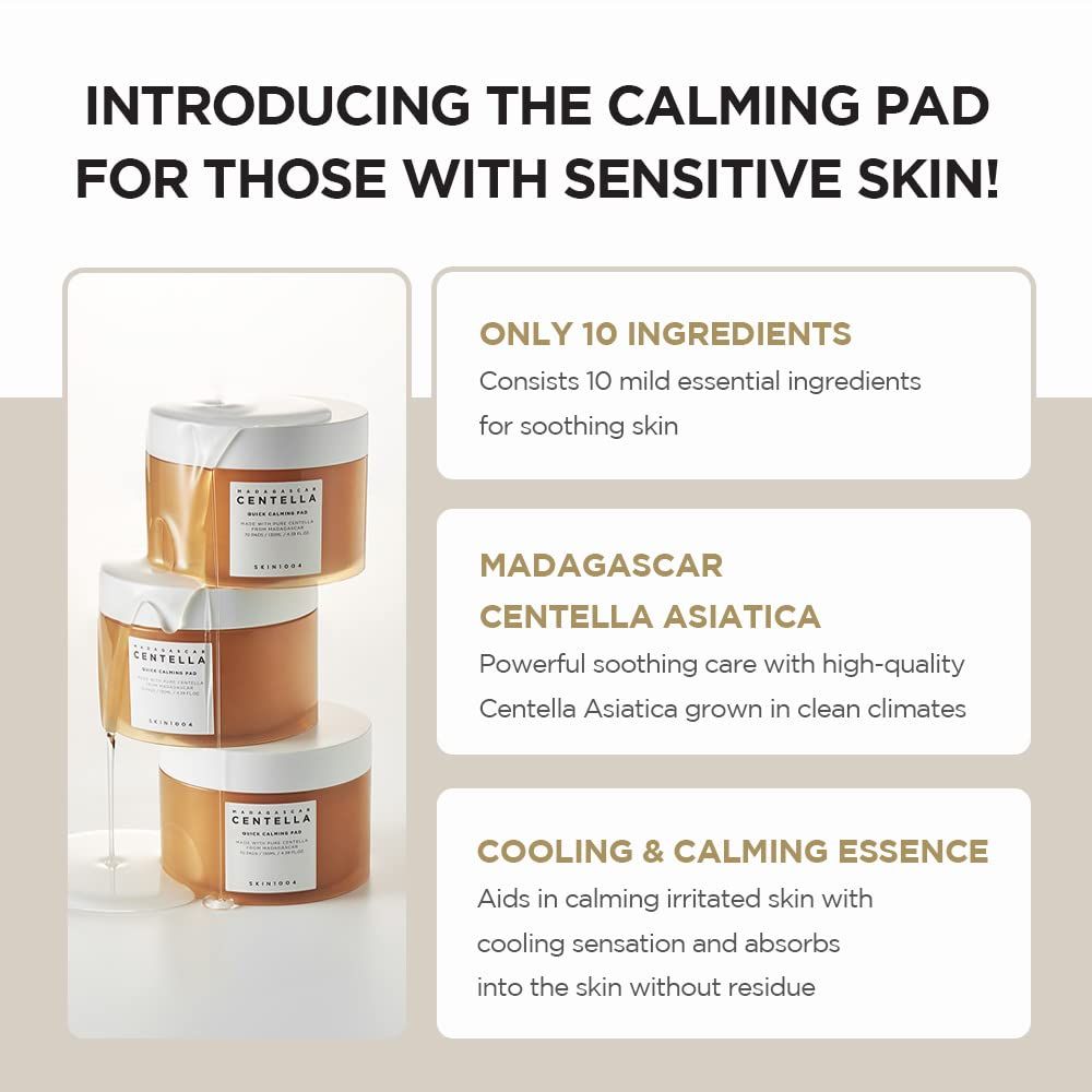 Drei Produktbehälter gestapelt. Text: Madagascar Centella Asiatica, Cooling & Calming Essence, nur 10 Inhaltsstoffe.