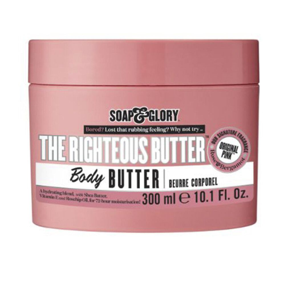 Rosa Tiegel mit Deckel. Aufschrift: Soap & Glory The Righteous Butter Body Butter. Text und Logo.