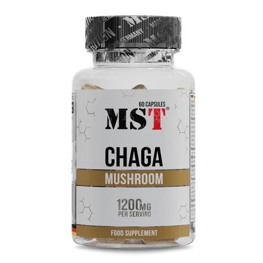 Klare Plastikflasche mit schwarzem Deckel. Aufschrift: MST, Chaga Mushroom, 1200mg pro Portion. Enthält 60 Kapseln.